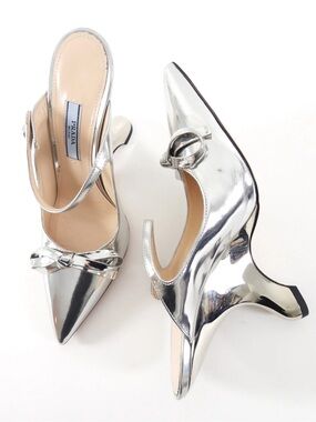 Prada Silver Metallic Pointed-Toe Slingback Pumps with Bow
